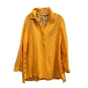 Soft Surroundings Tunic Large Yellow Relaxed Roll Tab Sleeves Gauze Lagenlook